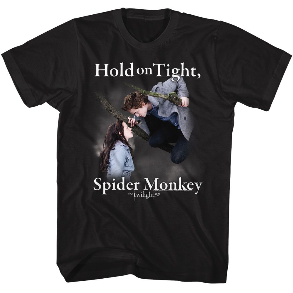 Black Twilight t-shirt featuring a Hold on Spider Monkey design