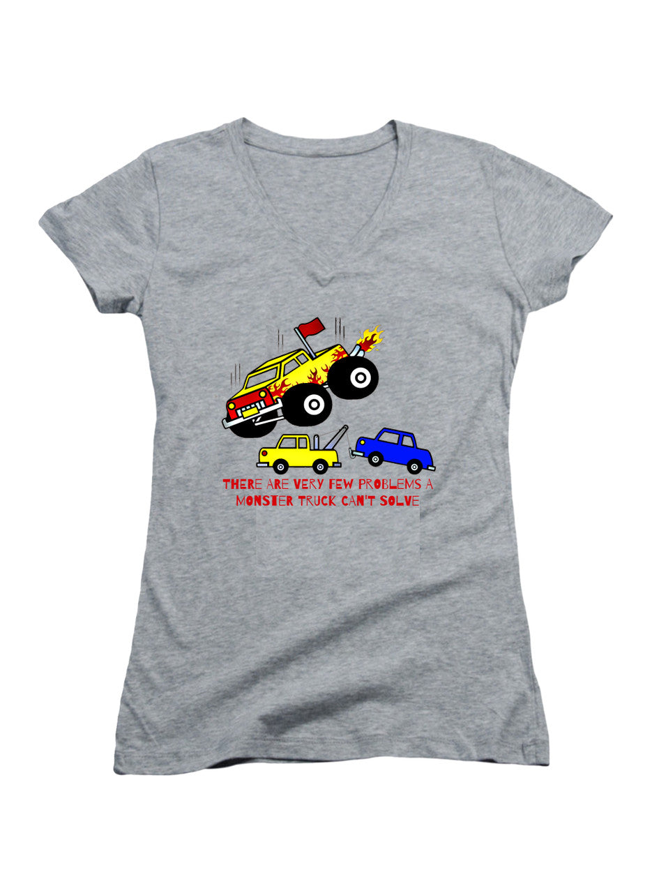 Gray There are Very Few Problems a Monster Truck Can't Solve Juniors V-Neck T-Shirt
