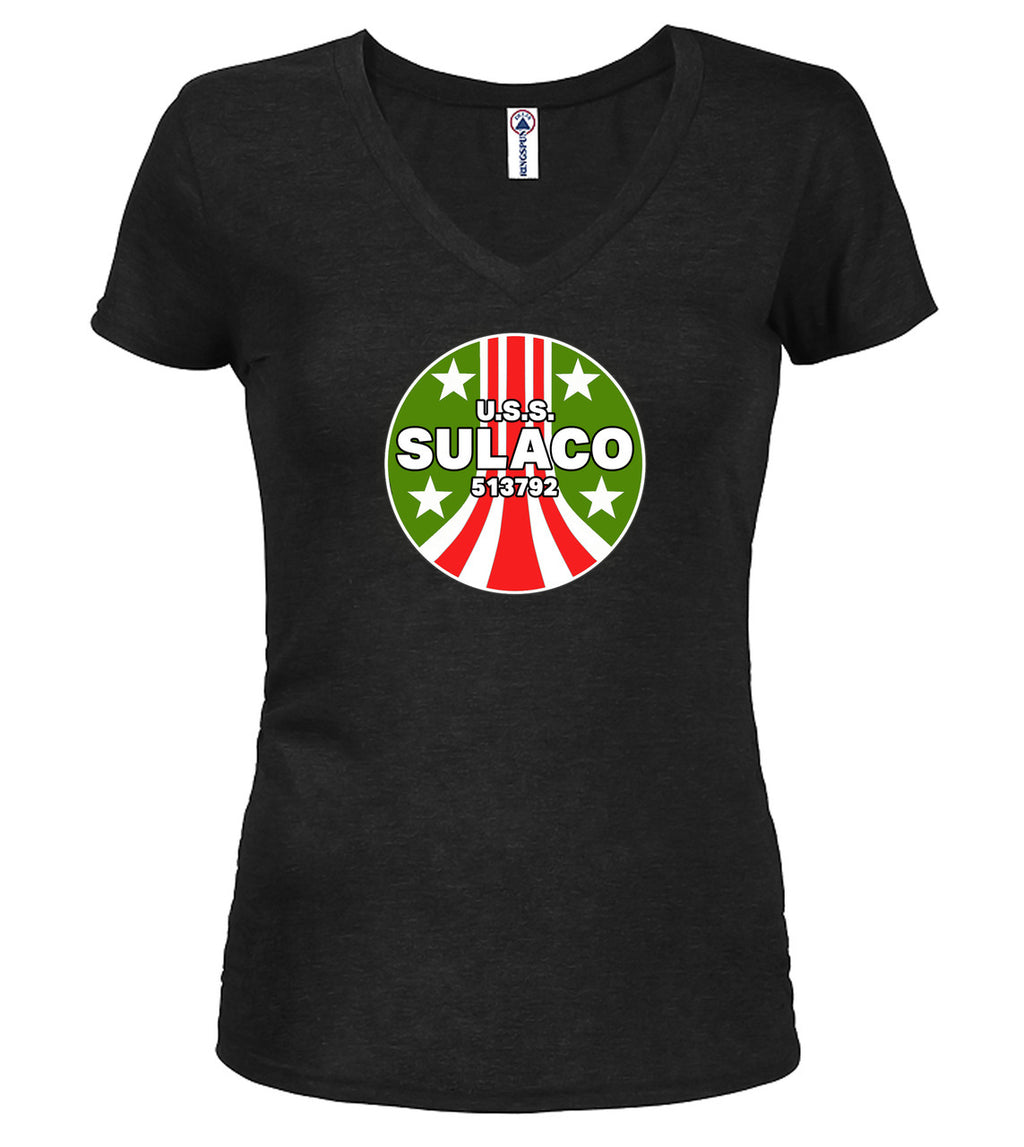 Black Transport Ship Logo Juniors V-Neck T-Shirt