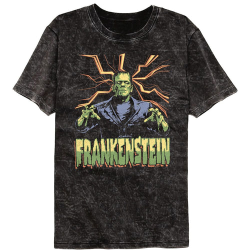 Frankenstein Mineral Wash T-Shirt - Frankenstein Lightning Background