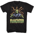 Black Universal Monsters t-shirt featuring a Frankenstein Lightning Background design