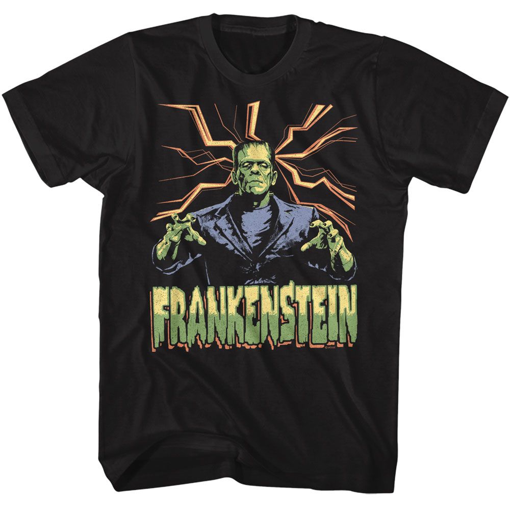 Black Universal Monsters t-shirt featuring a Frankenstein Lightning Background design