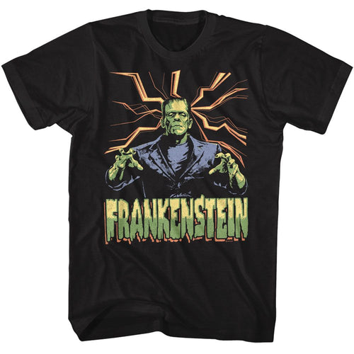 Black Universal Monsters t-shirt featuring a Frankenstein Lightning Background design