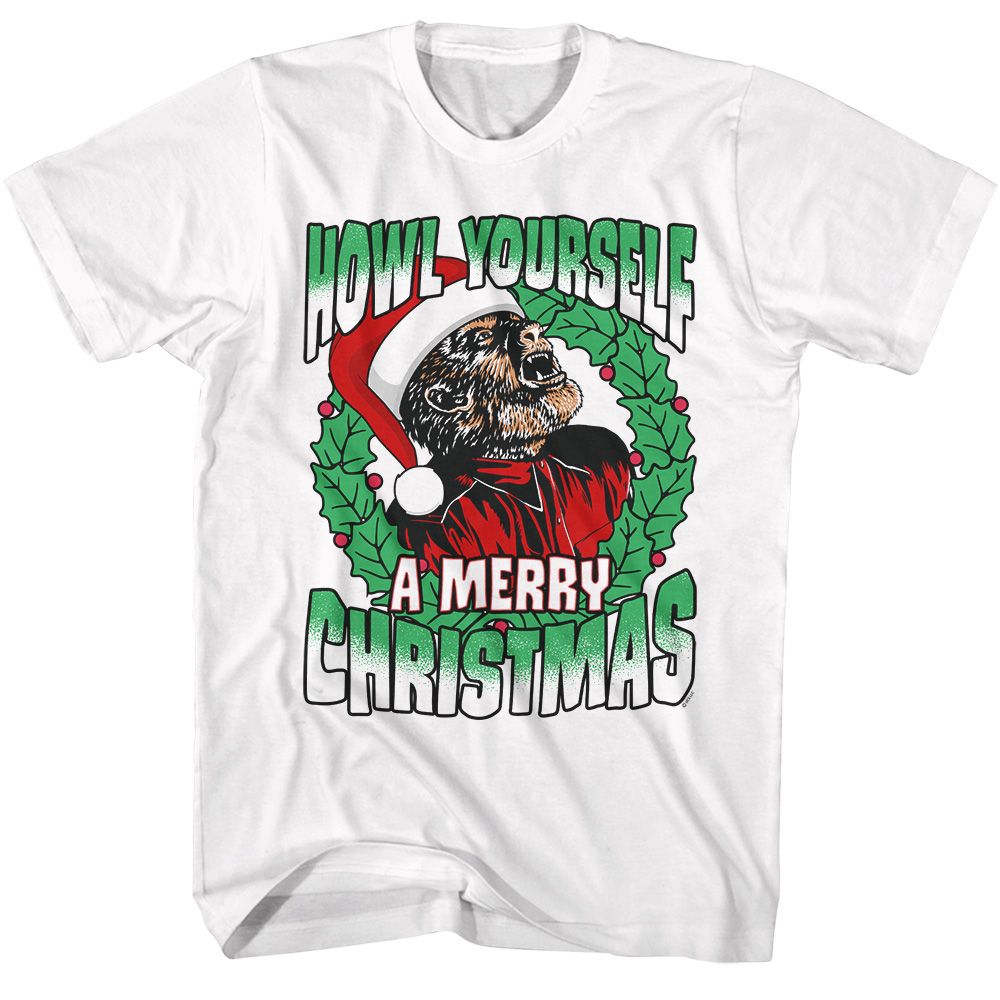 White Universal Monsters t-shirt featuring a Howl a Merry design