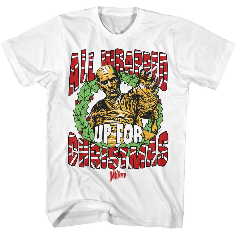 White Universal Monsters t-shirt featuring a Wrapped Up design