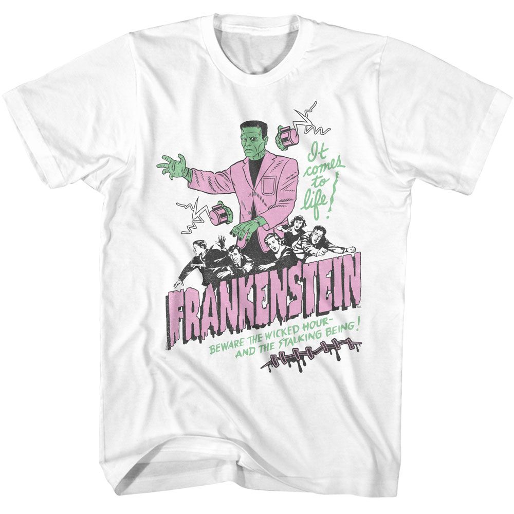 White Universal Monsters t-shirt featuring an It Comes to Life White design