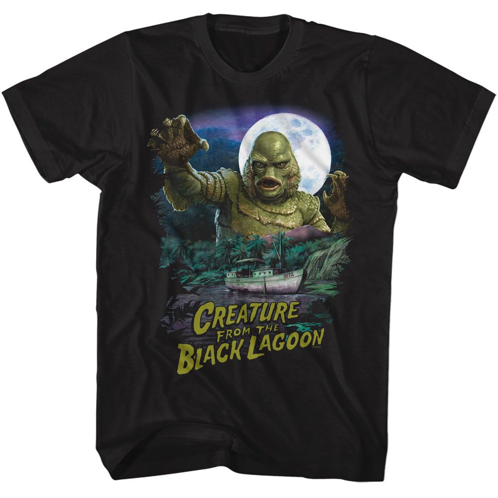 Black Universal Monsters t-shirt featuring a Creature and Boat Scene design