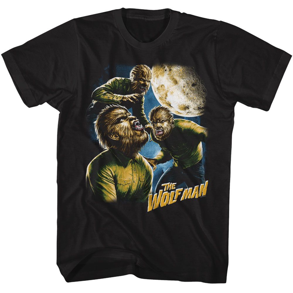 Black Universal Monsters t-shirt featuring a Three Wolfman Moon design