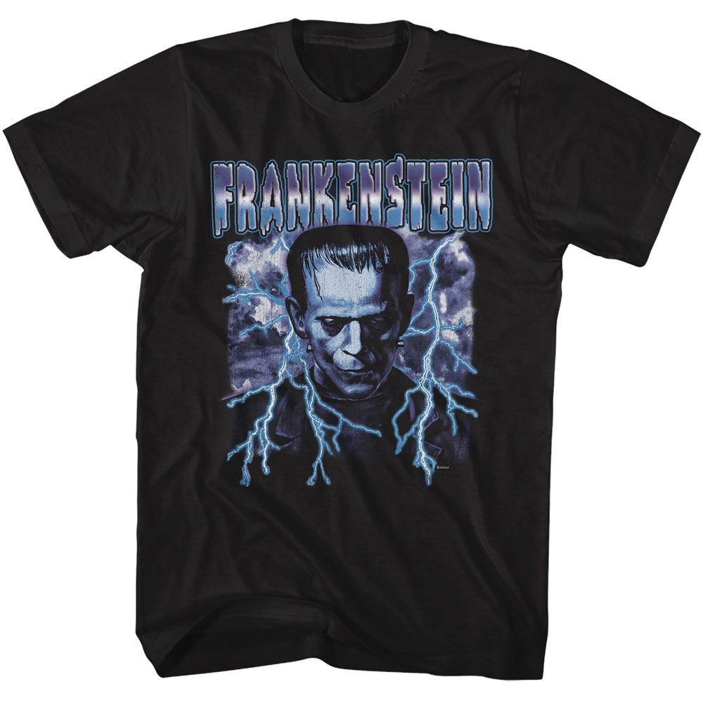Black Universal Monsters t-shirt featuring a Frankenstein Lightning design