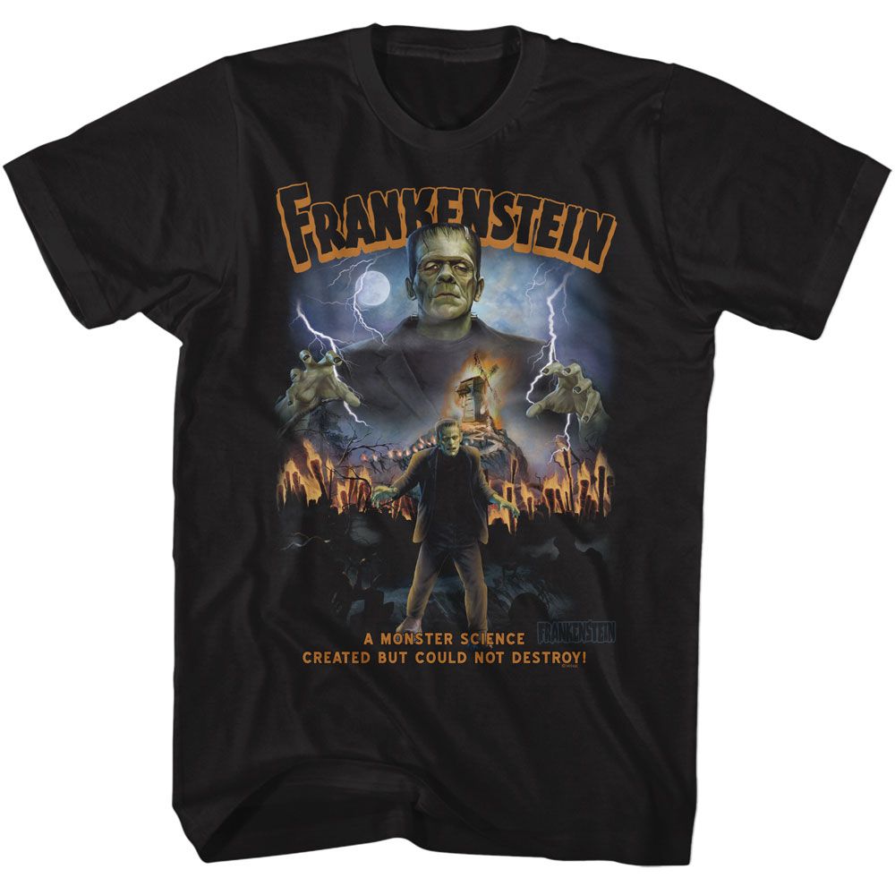 Black Universal Monsters t-shirt featuring a Frankenstein Mob design