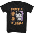 Black Universal Monsters t-shirt featuring a Creepin It Real design
