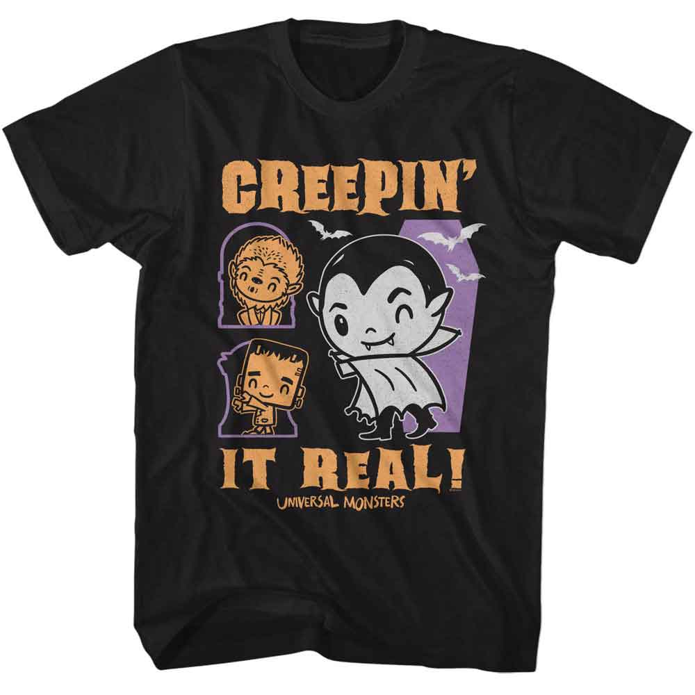 Black Universal Monsters t-shirt featuring a Creepin It Real design