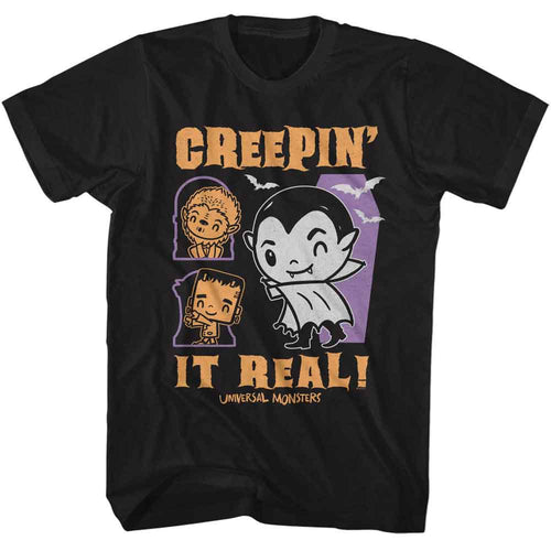 Black Universal Monsters t-shirt featuring a Creepin It Real design