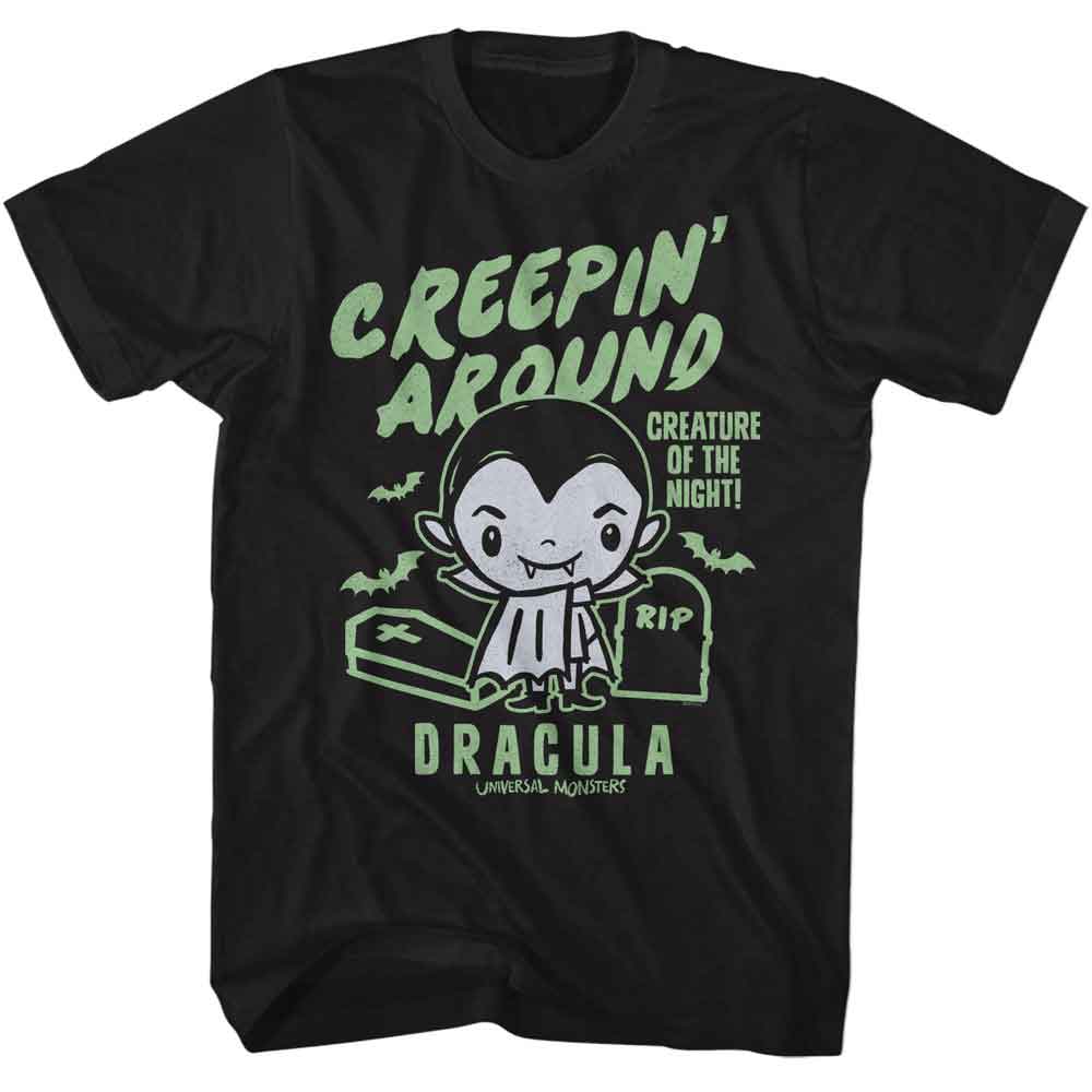 Black Universal Monsters t-shirt featuring a Creepin Around design
