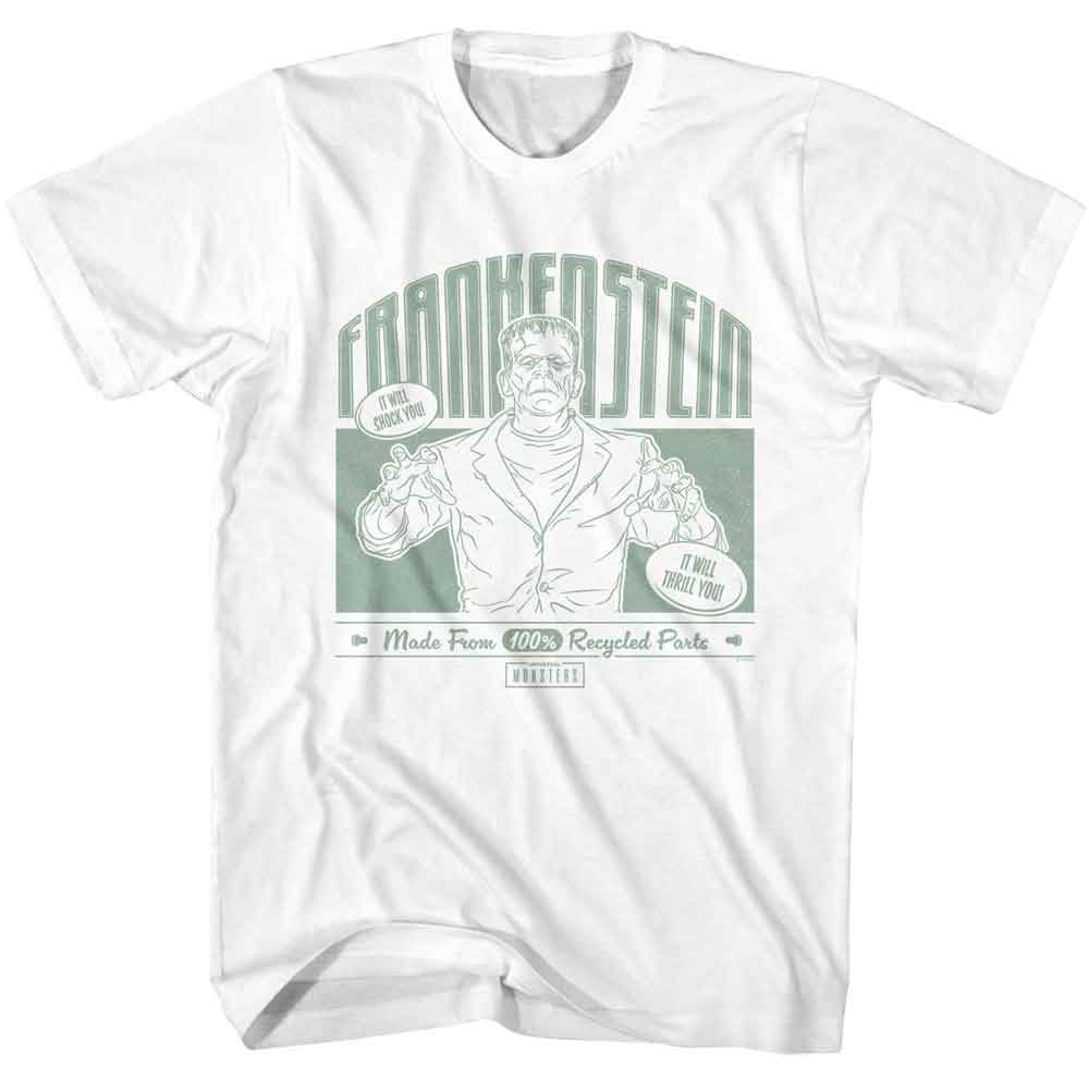 White Universal Monsters t-shirt featuring a Recycled Parts design
