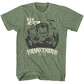 Military Green Heather Universal Monsters t-shirt featuring an It's Alive design