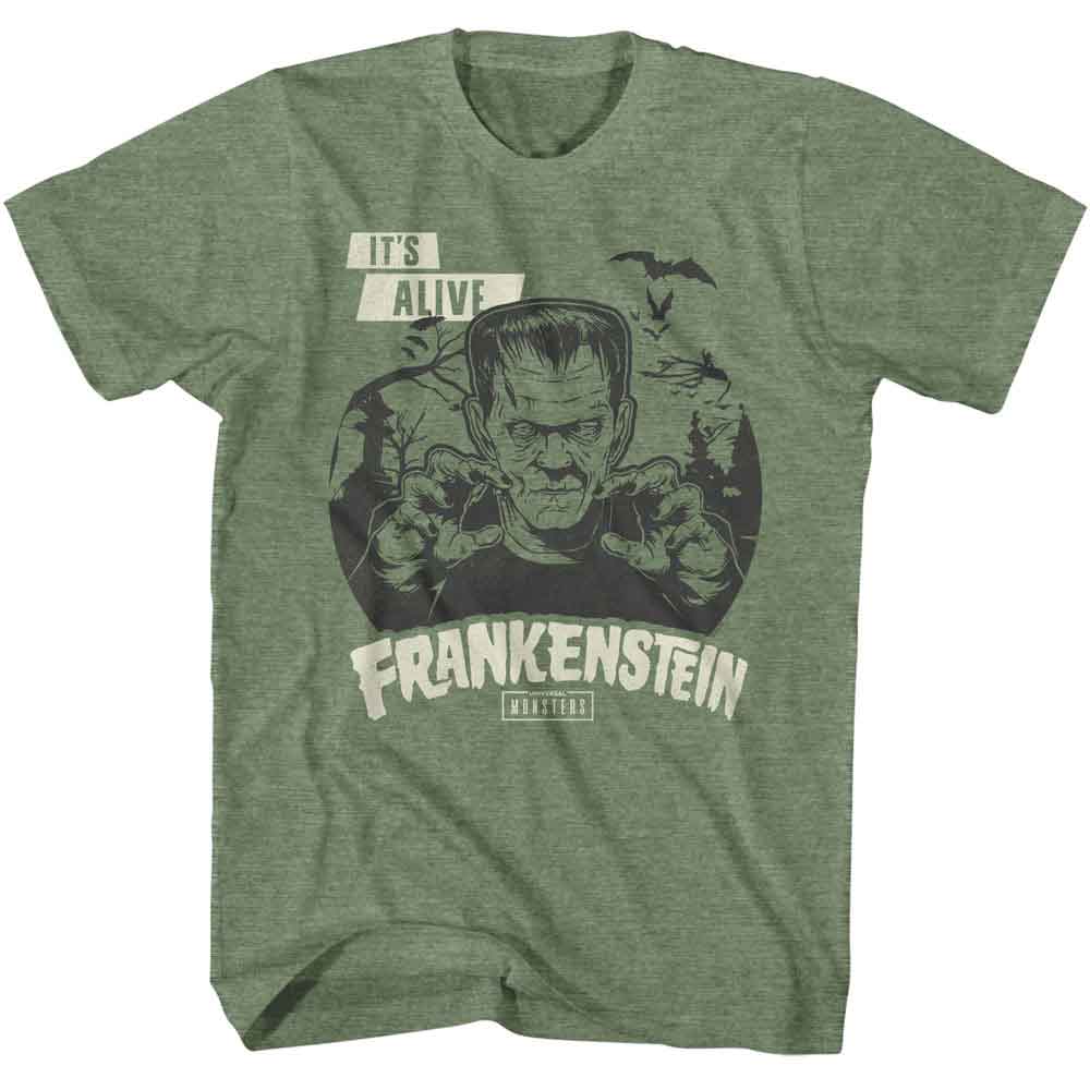 Military Green Heather Universal Monsters t-shirt featuring an It's Alive design