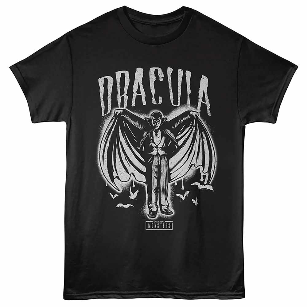 Black Universal Monsters t-shirt featuring a Dracula Spray Paint design