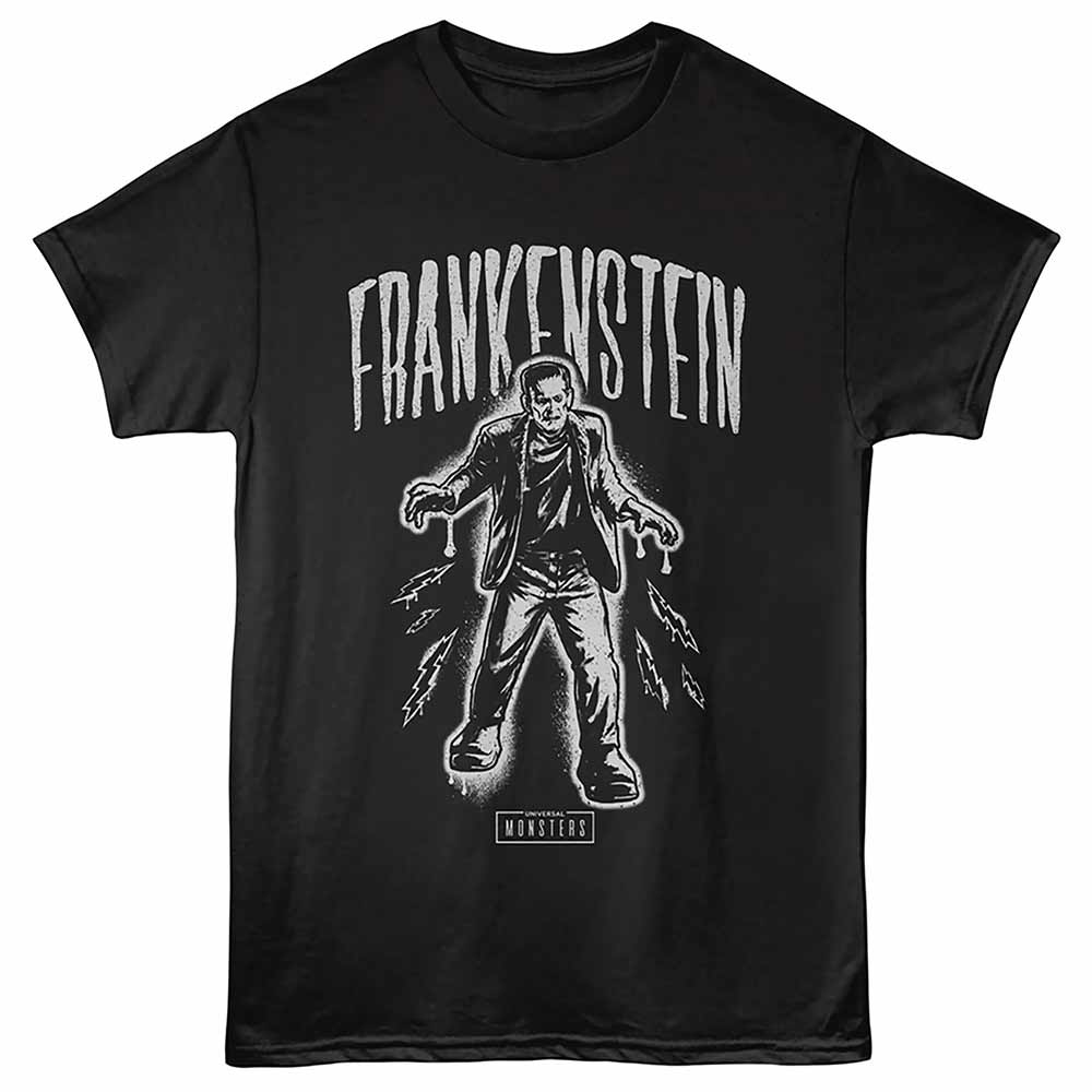 Black Universal Monsters t-shirt featuring a Frankenstein Spray Paint design