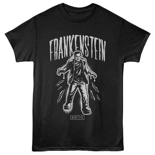 Black Universal Monsters t-shirt featuring a Frankenstein Spray Paint design