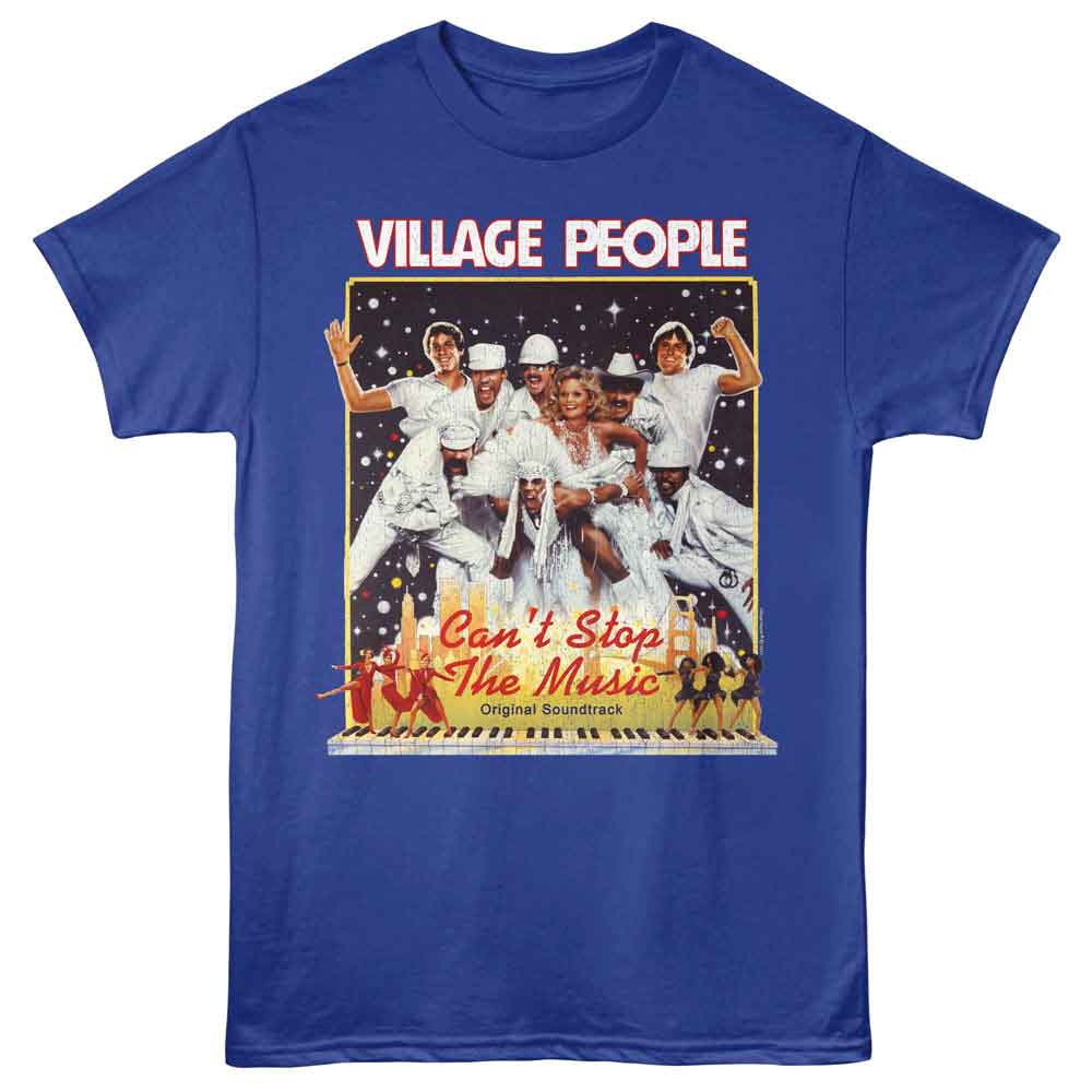 Royal blue Village People t-shirt featuring a Can't Stop the Music design