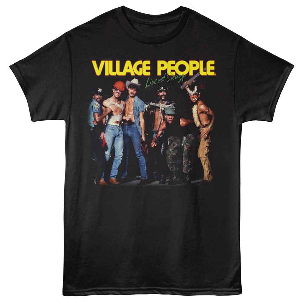 Black Village People t-shirt featuring a Live and Sleazy design
