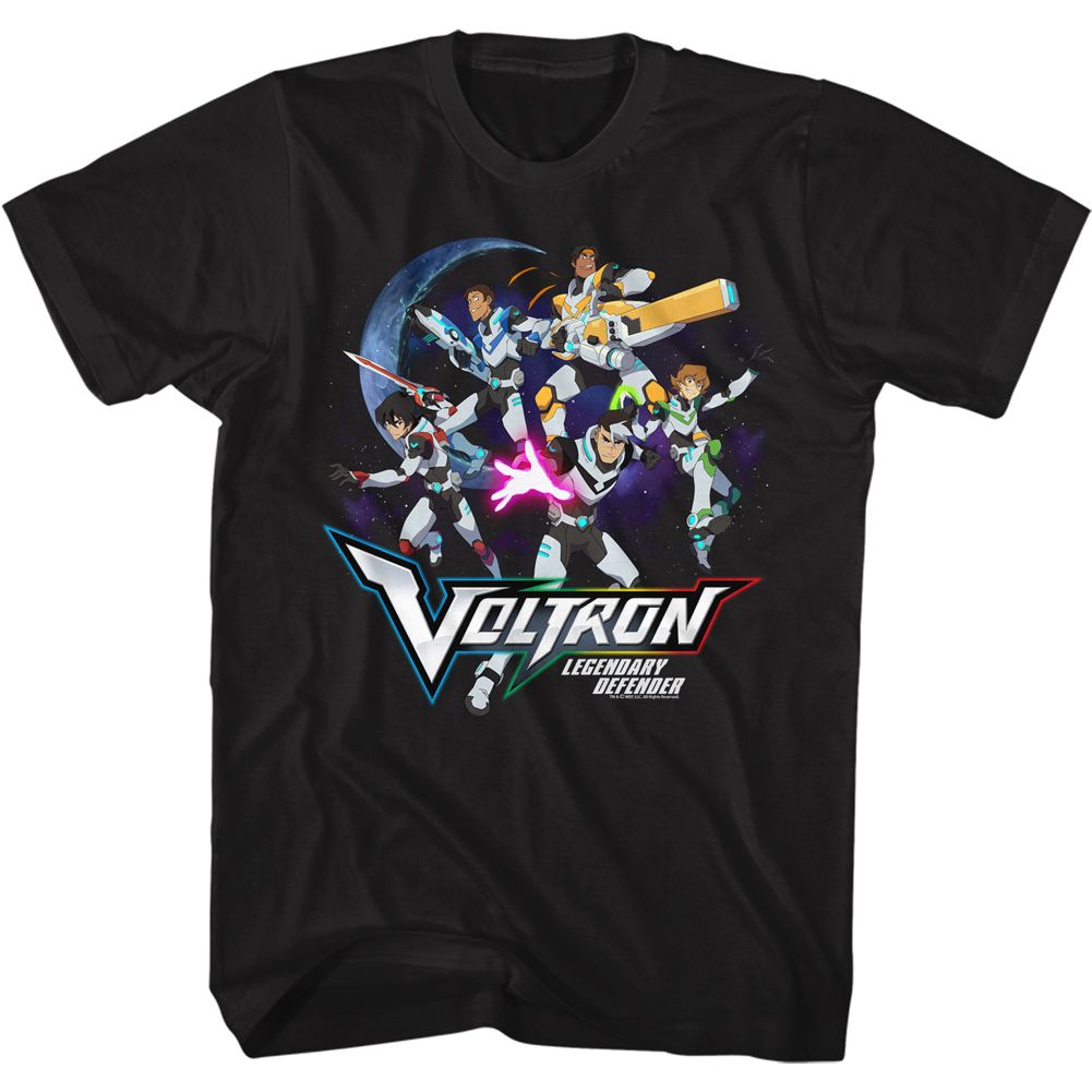 Black Voltron t-shirt featuring a Defender Group in Space design