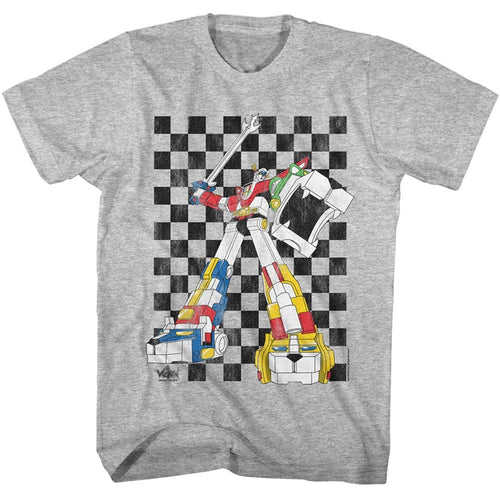 Heather Gray Voltron t-shirt featuring a 80s Checkerboard design