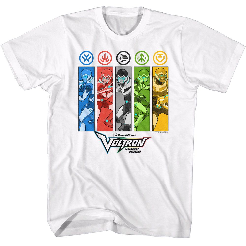 White Voltron t-shirt featuring a Rectangles and Icons design