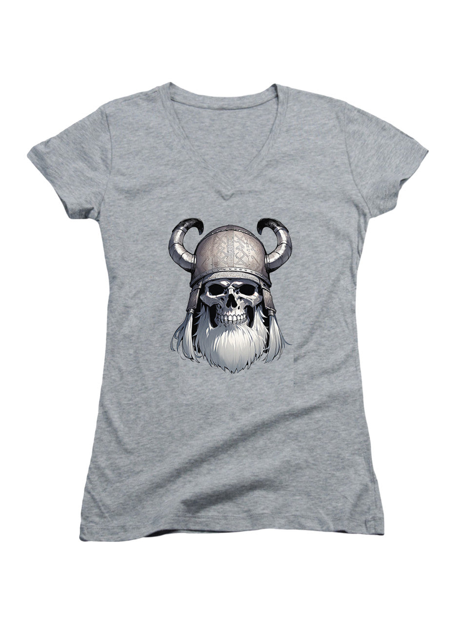 Gray Viking Skull Juniors V-Neck T-Shirt