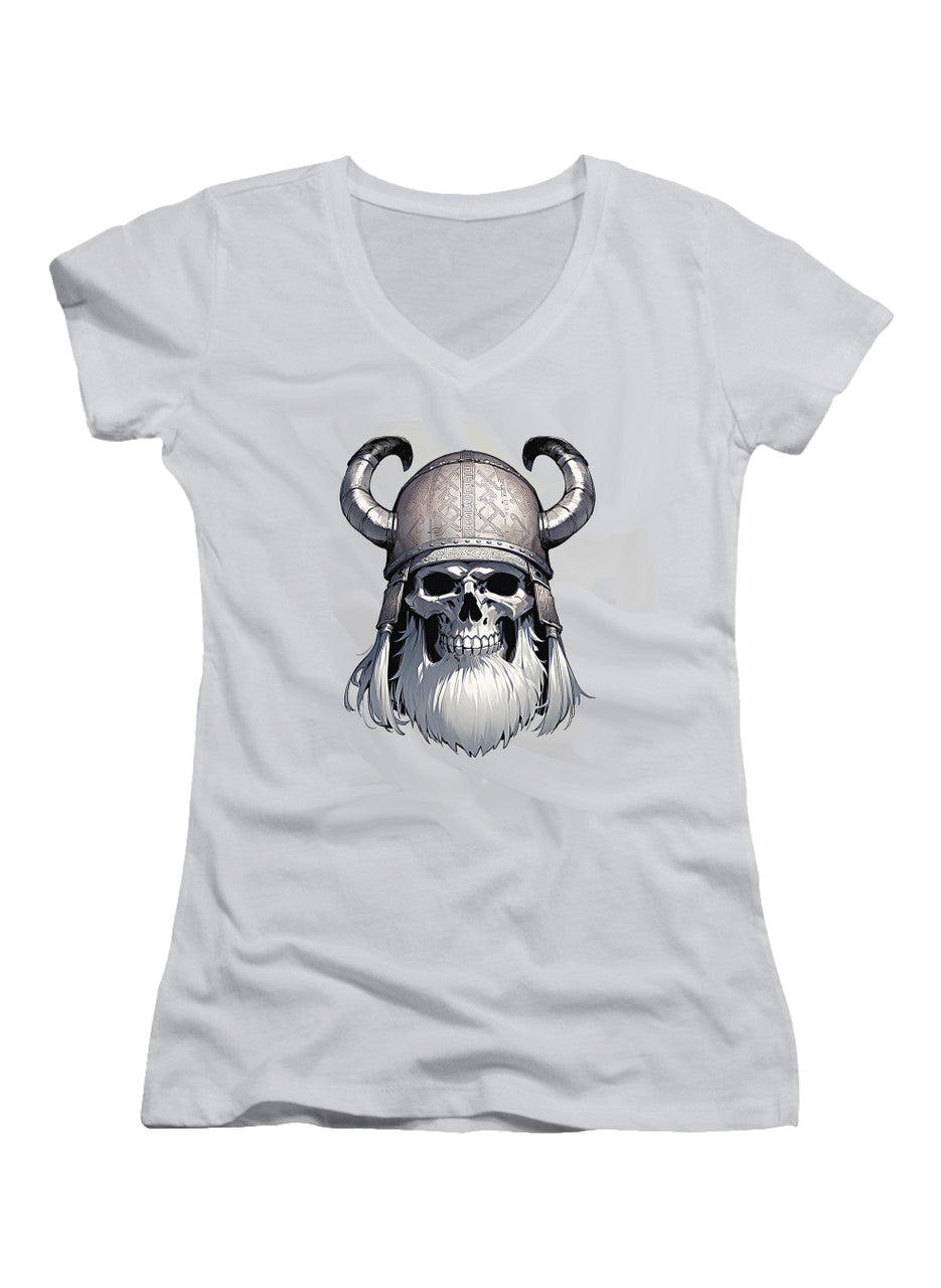White Viking Skull Juniors V-Neck T-Shirt