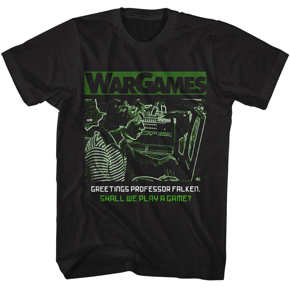 Black WarGames t-shirt featuring a Greetings Professor Falken design