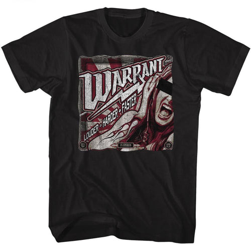 Black Warrant t-shirt featuring a Louder Harder Faster design