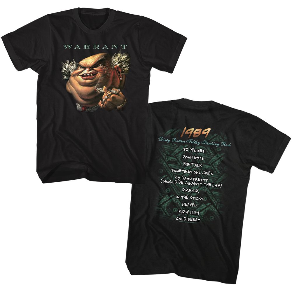 Black Warrant t-shirt featuring a Dirty Rotten Filthy Stinking Rich design