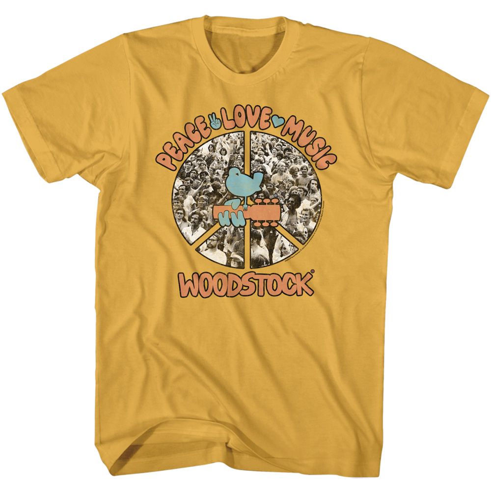 Ginger Woodstock t-shirt featuring a Peace Love Music design