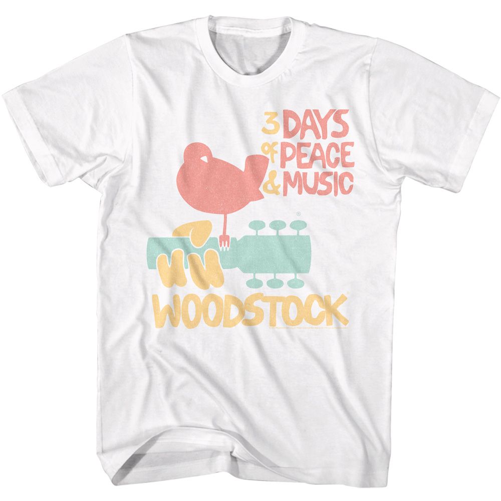 White Woodstock t-shirt featuring a 3 Days of Peace design