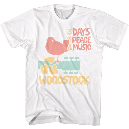 White Woodstock t-shirt featuring a 3 Days of Peace design