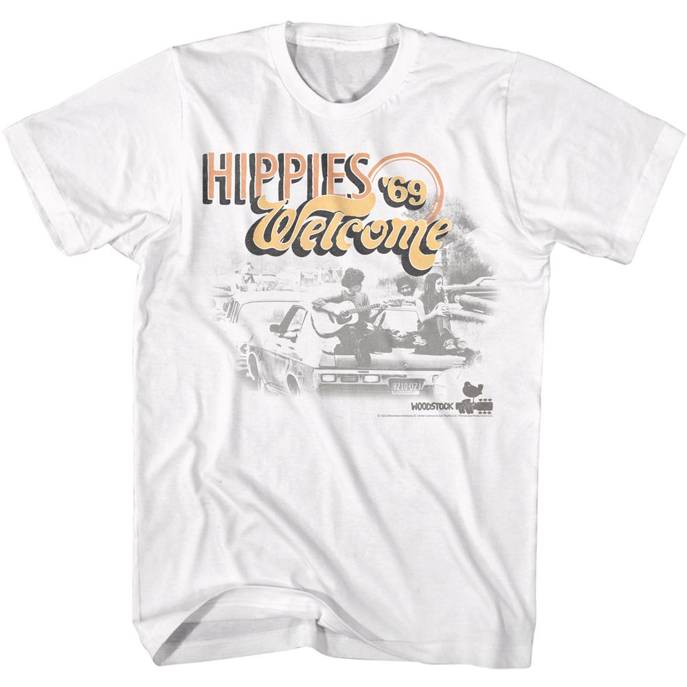 White Woodstock t-shirt featuring a Hippies Welcome 69 design