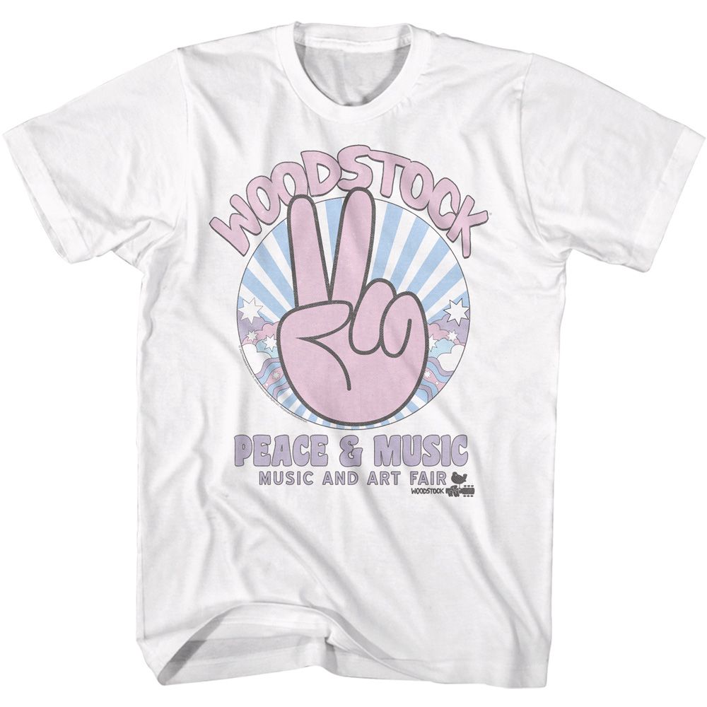 White Woodstock t-shirt featuring a Peace Sign design