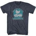 Heather Navy Woodstock t-shirt featuring a Peace Love and Music design