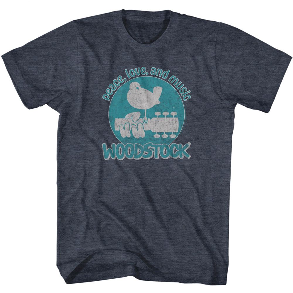 Heather Navy Woodstock t-shirt featuring a Peace Love and Music design