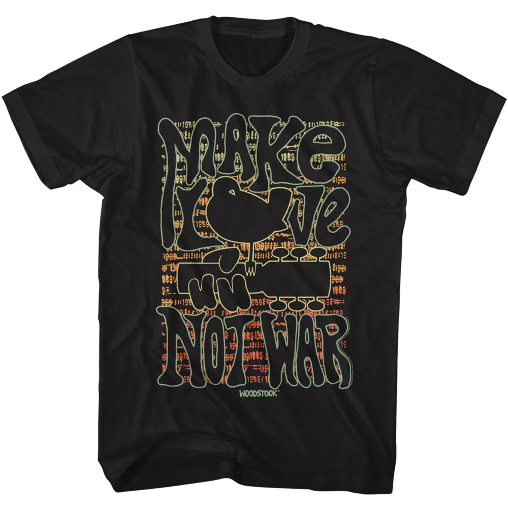 Black Woodstock t-shirt featuring a Make Love Not War design