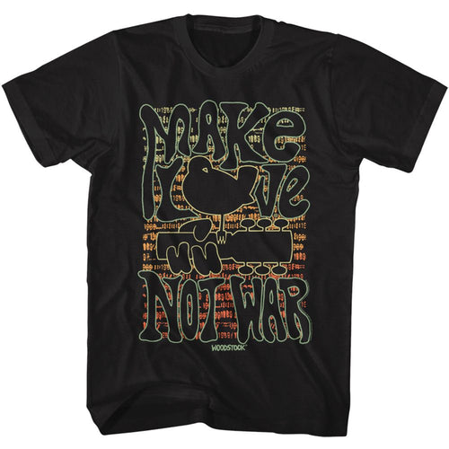 Black Woodstock t-shirt featuring a Make Love Not War design