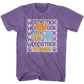 Heather Purple Woodstock t-shirt featuring a Stacked Logo design