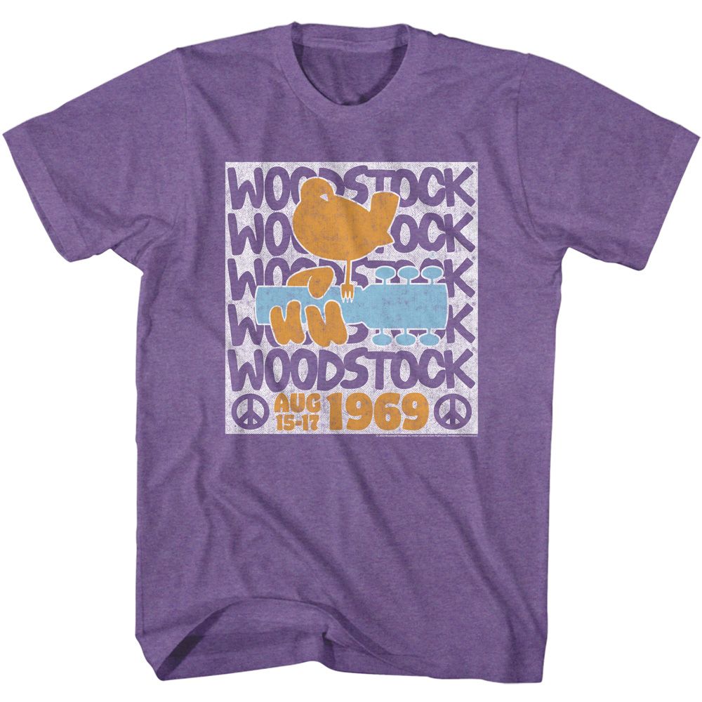 Heather Purple Woodstock t-shirt featuring a Stacked Logo design