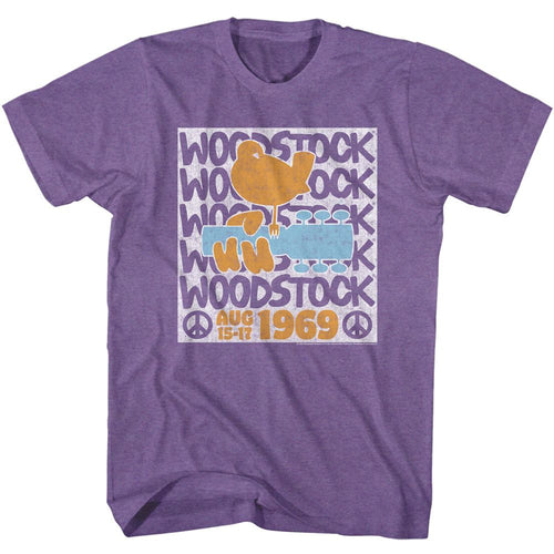 Heather Purple Woodstock t-shirt featuring a Stacked Logo design