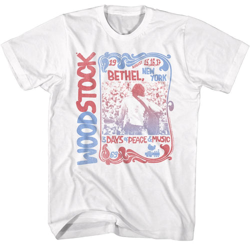 White Woodstock t-shirt featuring a Nouveau Border design