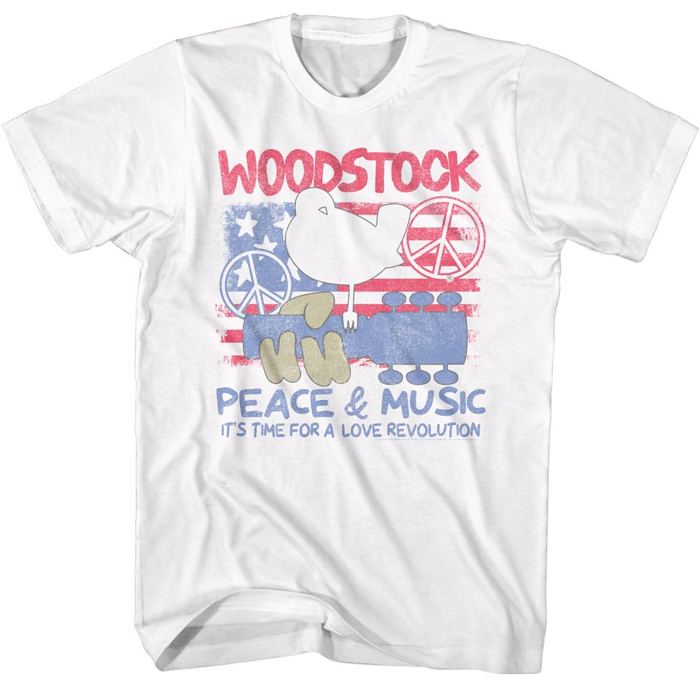 White Woodstock t-shirt featuring a Patriotic Love Revolution design