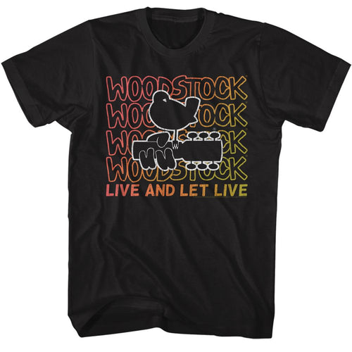 Black Woodstock t-shirt featuring a Live and Let Live design