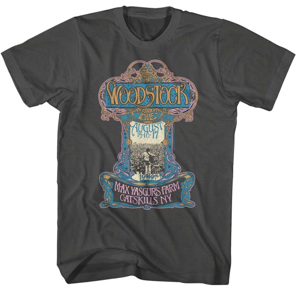 Smoke Woodstock t-shirt featuring a Nouveau Poster design